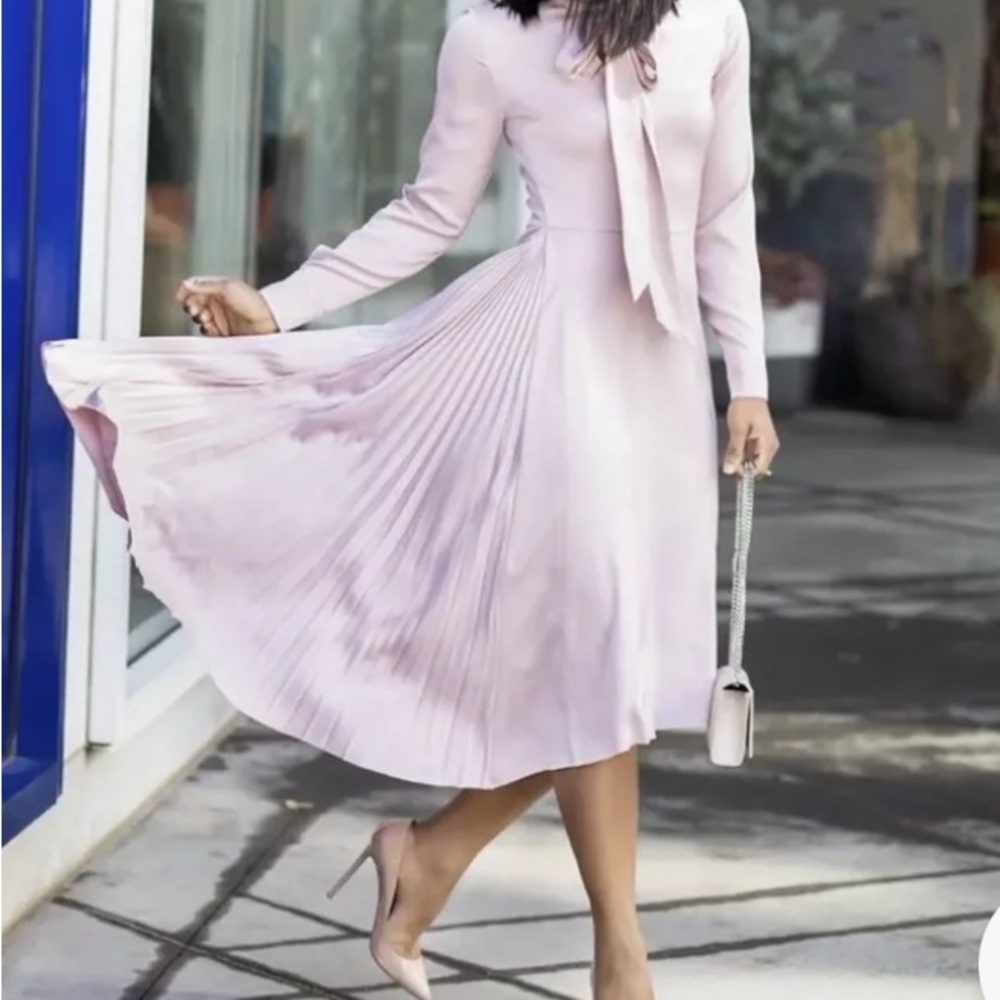 H&M Pink Pleated Midi Dress Mock Neck Sleeveless